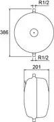 Schematische Darstellung eines Druckausdehnungsgefäßes mit zwei Anschlüssen und den Maßen über die Höhe und Breite. Hersteller ist IMI Hydronic Engineering.